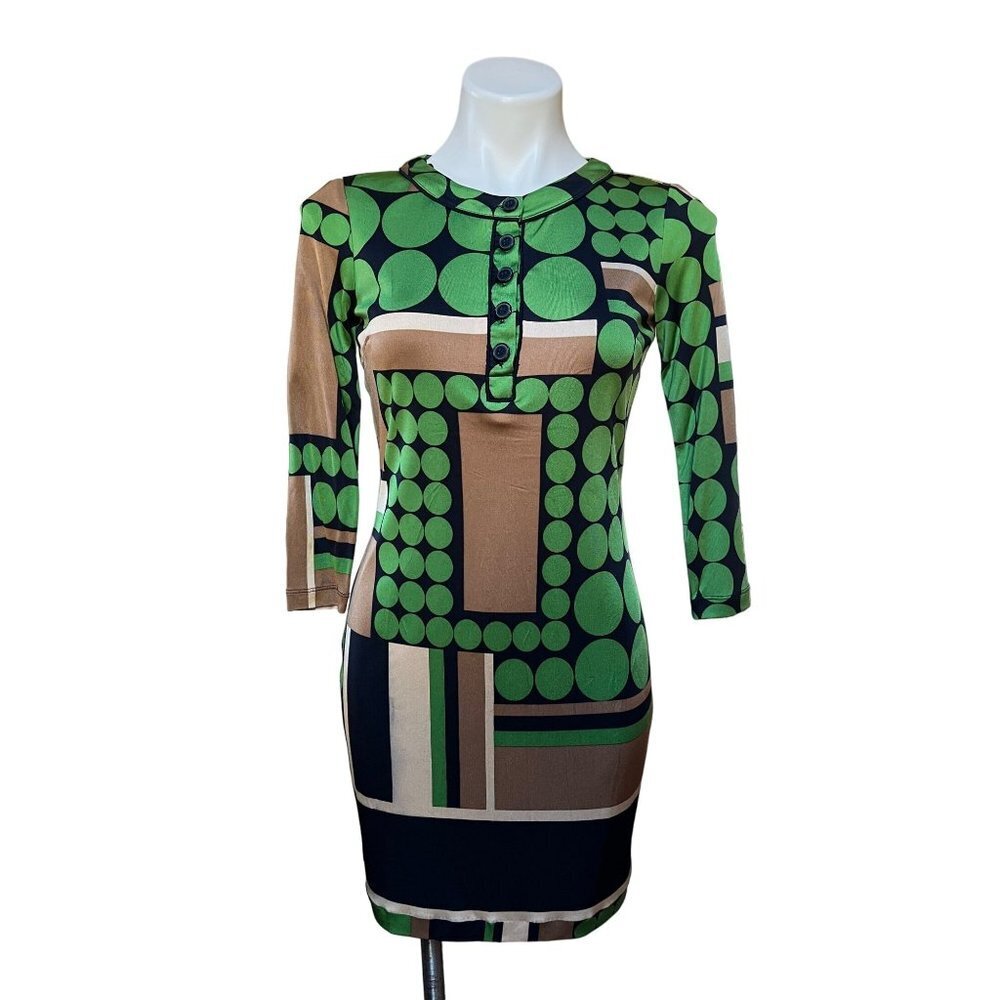 Retro 60s Wearable Art Shift Dress Geometric Mod Green Tan Black Size 0 Ali Ro